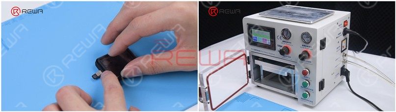 Detach the screen and put the screen on the Laminating Sponge. Then put the screen into the Laminating Machine and press “LCD laminate start”.