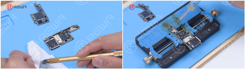Remove thermal grease with a Sculpture Knife. Thermal grease must be removed completely. Otherwise, the thermal grease will touch the logic board to give rise to pseudo soldering in recombination. Attach the signal board to the holder and apply a round of Paste Flux.