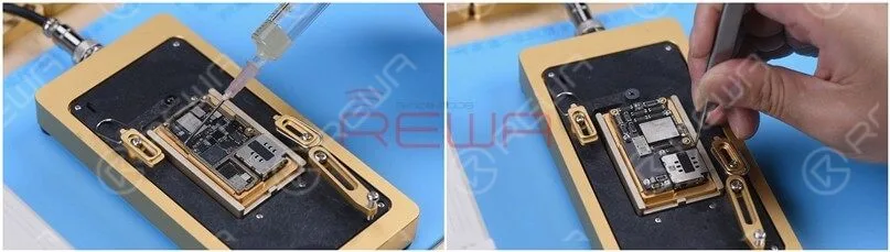 Apply some Paste Flux and align the logic board with the signal board. Keep heating on the Heating Platform at 185℃. When the temperature reaches 185℃, keep heating for 1 minute.This step is to ensure that the logic board and the signal board fit closely.