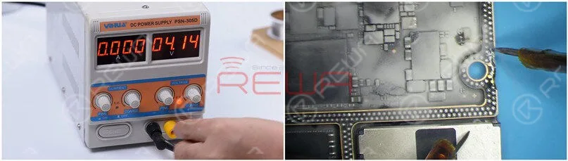 how to fix an iphone 11 pro won't turn on Set the direct current supply to 4.1V. Connect the positive and negative anode of the direct current supply with multimeter probes. Connect the black probe to the ground and connect the red probe to pin 286 on the signal board. We can see rosin on C1200_K has melted. It indicates that the capacitor is damaged.