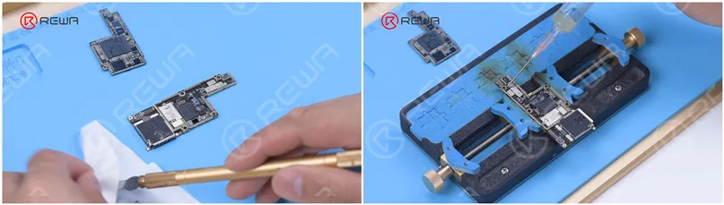 Remove thermal grease with a Sculpture Knife. Thermal grease must be removed completely. Otherwise, the thermal grease will touch the logic board to give rise to pseudo soldering in recombination. Attach the signal board to the holder and apply a round of Paste Flux.