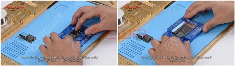 iphone x nessun servizio: soluzione per professionisti La prossima cosa che dobbiamo fare è saldare insieme i due strati. Fissa lo strato inferiore allo stampo di ricalibrazione specializzato per iPhone X. Copri lo strato inferiore con lo stencil di ricalibrazione abbinato.