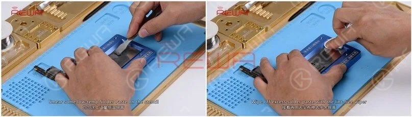 iphone x nessun servizio: soluzione per professionisti Spalma un po' di pasta saldante a bassa temperatura sullo stencil. Pulisci la pasta saldante in eccesso con il panno antipelucchi. Una volta fatto, rimuovi con attenzione lo stencil di reballing corrispondente. Assicurati che la pasta saldante sia stata applicata in modo uniforme e perfetto.