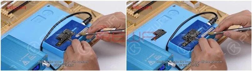 iphone x nessun servizio: soluzione per professionisti Con la temperatura della piattaforma che raggiunge i 150℃, sollevare lo strato superiore con le pinzette. Continuare a rimuovere lo strato inferiore dalla piattaforma e spegnere la piattaforma riscaldante.
