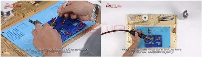iphone x nessun servizio: soluzione per professionisti Proviamo a sostituirlo con un nuovo U_PMIC_E e vediamo come funziona. Per prima cosa, applica del nastro resistente alle alte temperature su U_MDM_E e sul modulo Wi-Fi. Rimuovi U_PMIC_E con la pistola ad aria calda a 330℃, flusso d'aria 3.