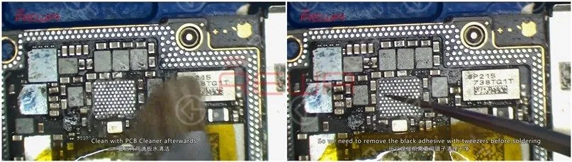 iphone x nessun servizio: soluzione per professionisti Continuare a scaldare con la pistola ad aria calda a 330℃ e pulire la piazzola di contatto con la treccia dissaldante. Pulire successivamente con il detergente per PCB. C'è dell'adesivo nero intorno alla piazzola di contatto di U_PMIC_E. Quindi dobbiamo rimuovere l'adesivo nero con le pinzette prima della saldatura.