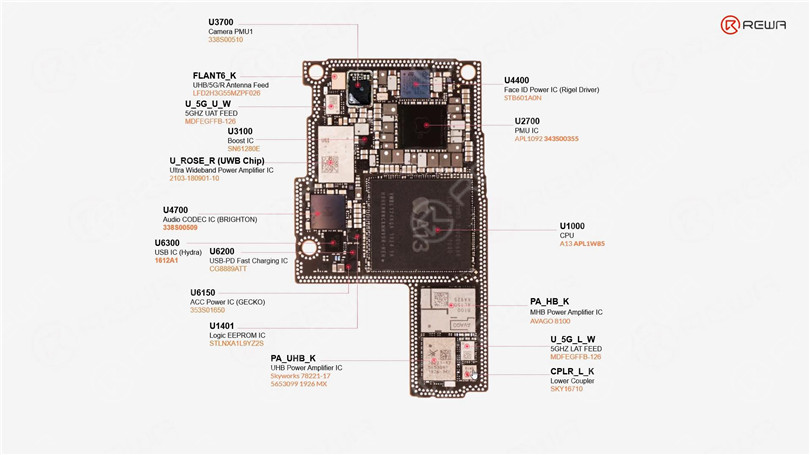distribuzione dei chip della scheda madre di iphone 11 pro Distribuzione dei chip della scheda madre di iPhone 11 Pro