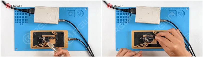 fixing iphone x unable to activate by jumping wires Put the motherboard on the 165 °C Heating Platform to heat. After the solder balls are formed, turn the power off and cool the signal board. Apply some Paste Flux and align the logic board with the signal board.