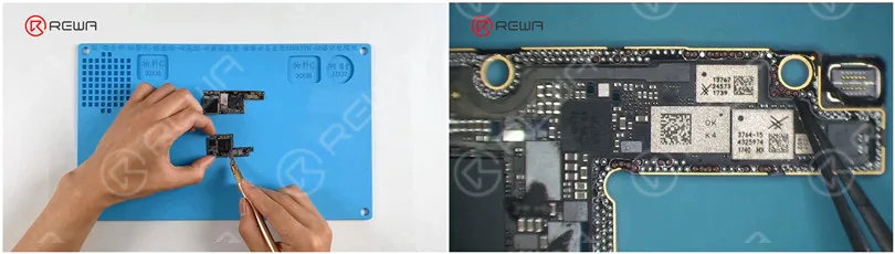 fixing iphone x unable to activate by jumping wires Clear thermal grease with a Sculpture Knife. After separation, it is found that there are many missing pads. Then we restore useful pads from missing pads with jumper wires.