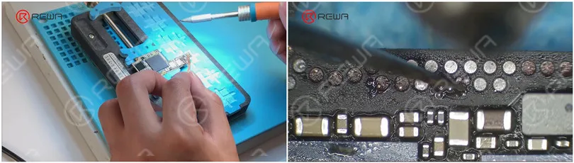 fixing iphone x unable to activate by jumping wires Attach the logic board to the holder and remove tin on the bonding pad with Soldering Iron at 365 °C and Solder Wick.