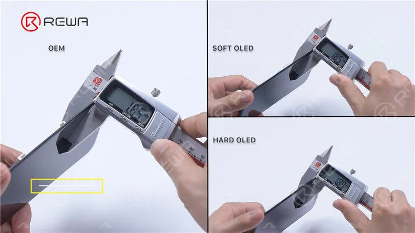 OEM screen assembly of iPhone X is soft OLED so its thickness is the same as aftermarket soft OLED. Since hard OLED adopts glass display module, it is thicker than the other two.