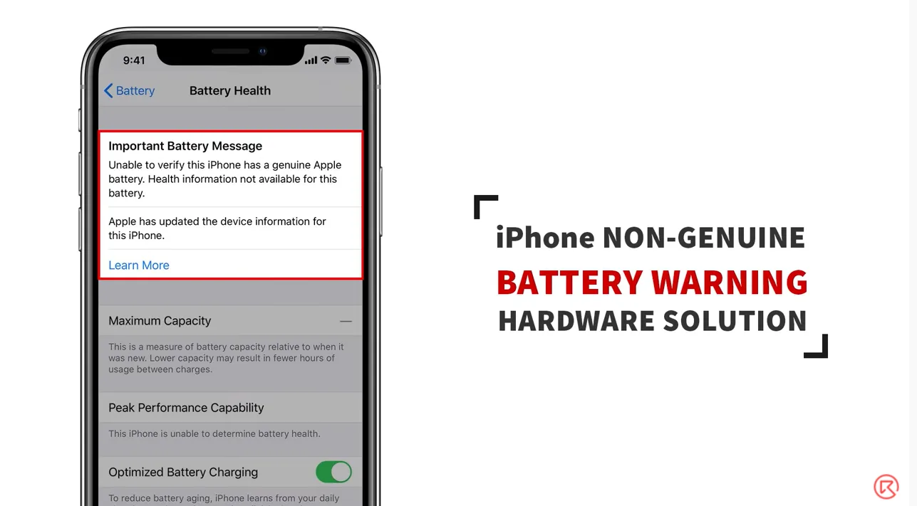 Avertissement de batterie non authentique / Message important concernant la batterie 100% Correction (modèles iPhone XS et supérieurs).