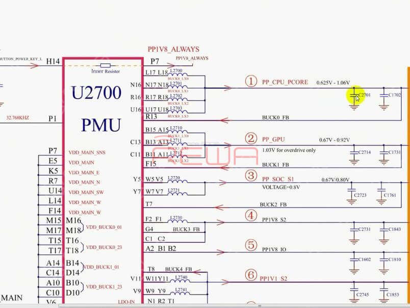 Il prossimo passo sarà quindi quello di controllare uno per uno i 17 binari emessi dalla PMU. Cominciamo con PP_CPU_PCORE. Individuare C2701, uno dei punti di test di PP_CPU_PCORE su Refox. Eseguire quindi la misurazione in modalità diodo di un condensatore sul circuito di pertinenza di C2701. Il valore misurato è normale.