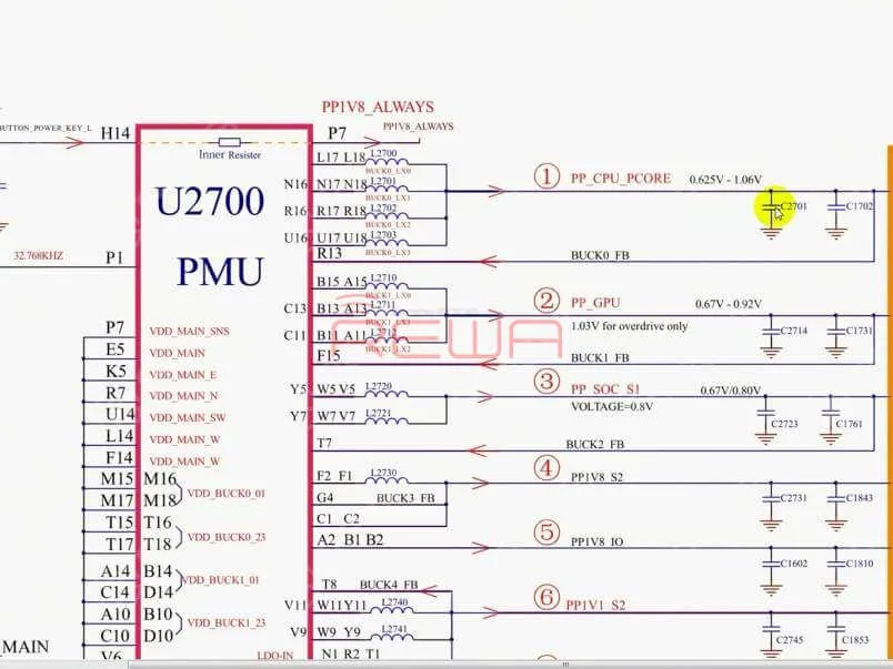 Así que nuestro siguiente paso es comprobar los 17 raíles emitidos desde la PMU uno por uno. Empecemos primero con PP_CPU_PCORE. Localice C2701, uno de los puntos de prueba de PP_CPU_PCORE en Refox. A continuación, ejecute la medición en modo diodo de un condensador en el circuito relevante C2701. El valor medido es normal.