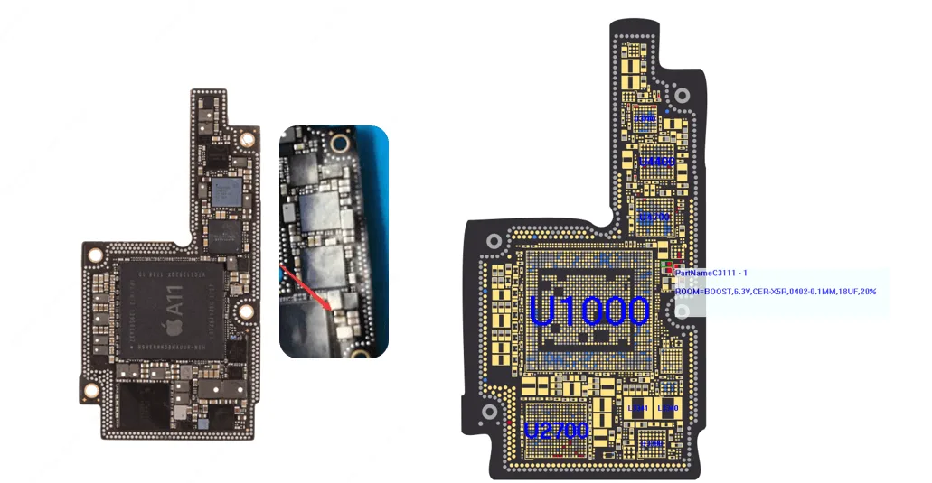 iphone can not boot caused boost capacitor damage c3111 shorted