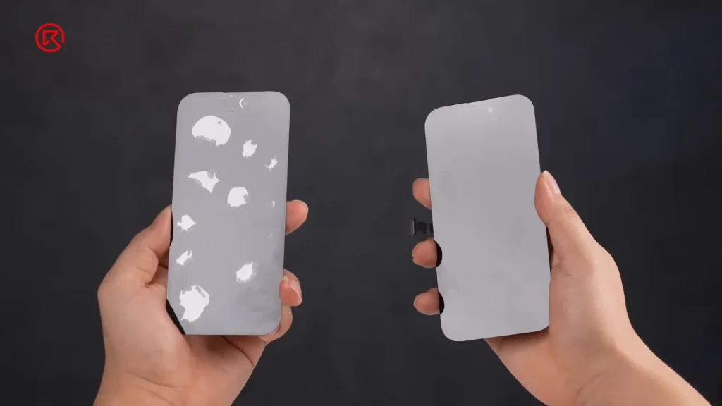 pantalla del iphone con burbujas y sin burbujas