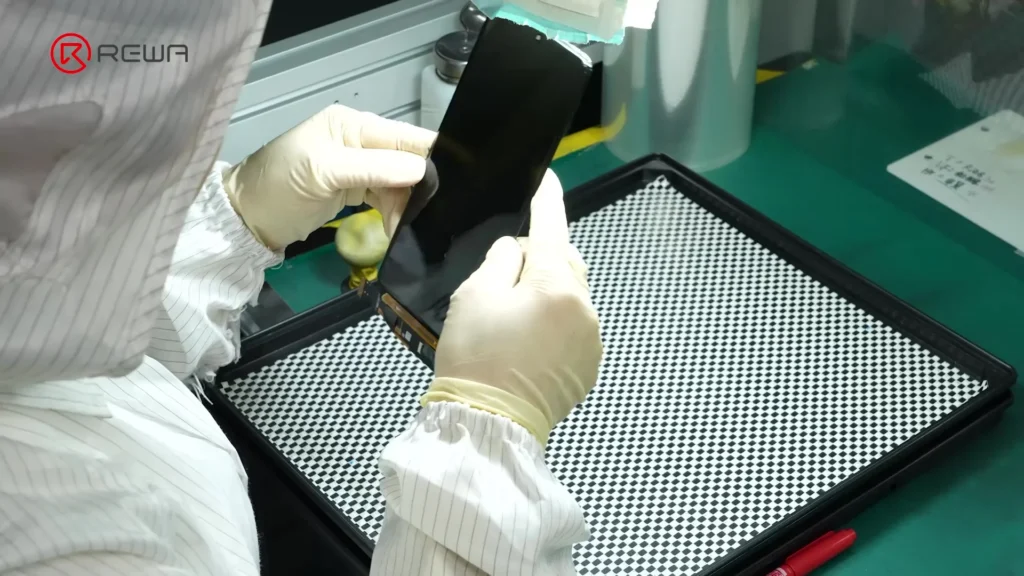 Un travailleur inspecte une vitre de remplacement Samsung. 