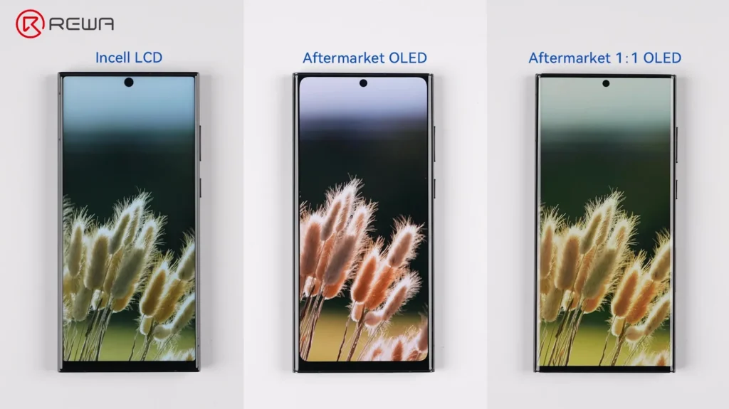 Confronto affiancato di schermi LCD Incell, OLED aftermarket e OLED 1:1 che mostrano le differenze nello spessore della cornice
