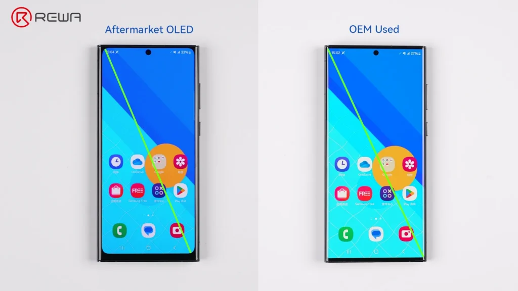 Confronto che mostra che uno schermo OLED aftermarket ha cornici leggermente più spesse e un'area di visualizzazione più piccola rispetto a uno schermo OEM usato