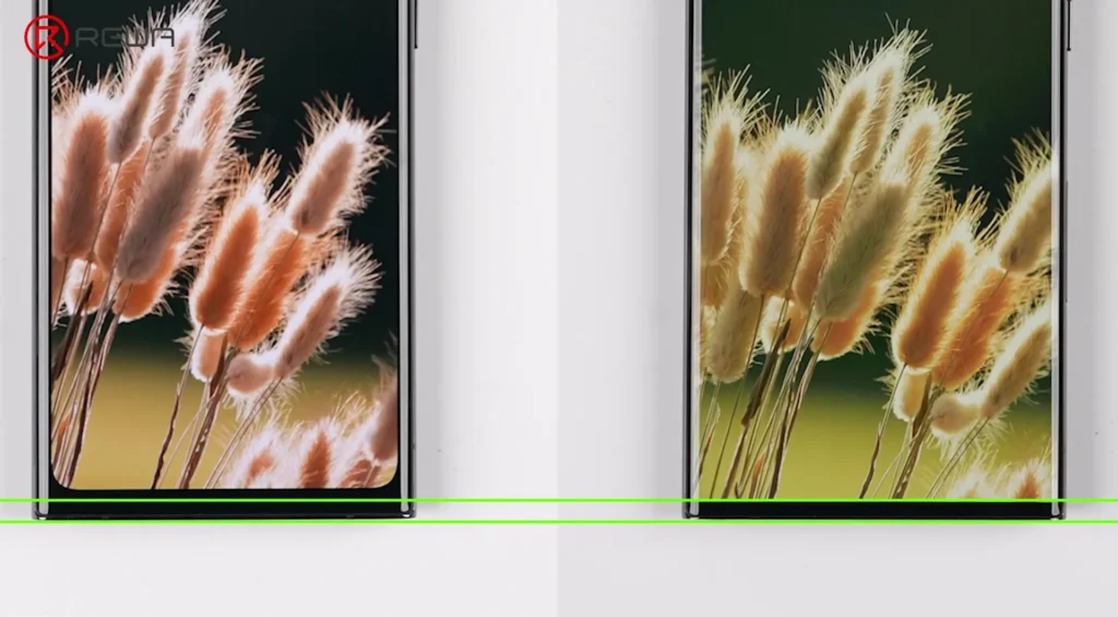 Confronto fianco a fianco degli schermi dei telefoni che evidenzia la cornice inferiore più stretta sul display OLED 1:1