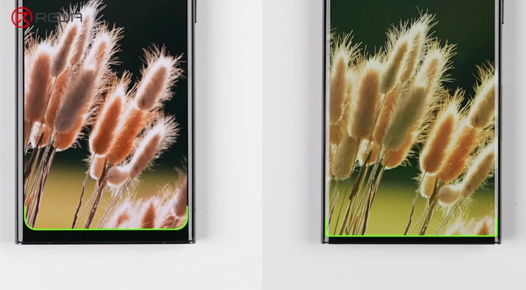 Confronto di due schermi di smartphone che mostrano il mento inferiore più spesso a sinistra rispetto al mento più stretto a destra