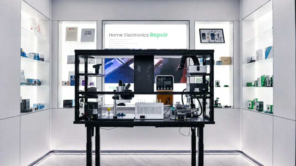 Ein Tisch für Elektroreparaturen mit modernen Reparaturwerkzeugen und Maschinen