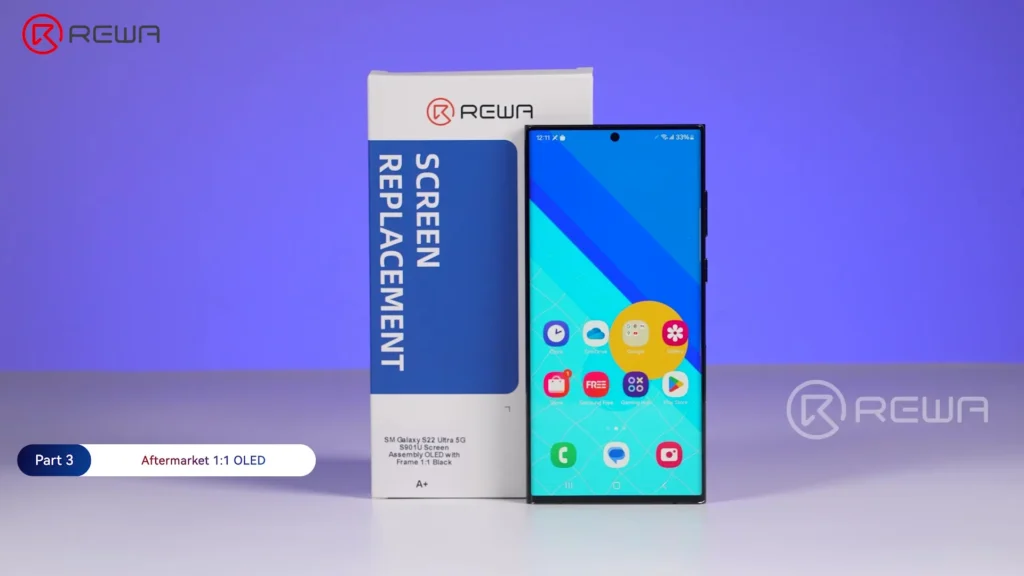 la evolución de las pantallas de repuesto Samsung: de LCD In-cell a OLED avanzados 1:1 Pantalla de repuesto OLED REWA 1:1 para Samsung Galaxy S22 Ultra junto a su empaque