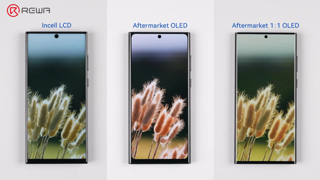 la evolución de las pantallas de repuesto Samsung: de LCD In-cell a OLED avanzados 1:1 Comparación lado a lado de pantallas Incell LCD, OLED de posventa y OLED 1:1 mostrando diferencias en el grosor del bisel