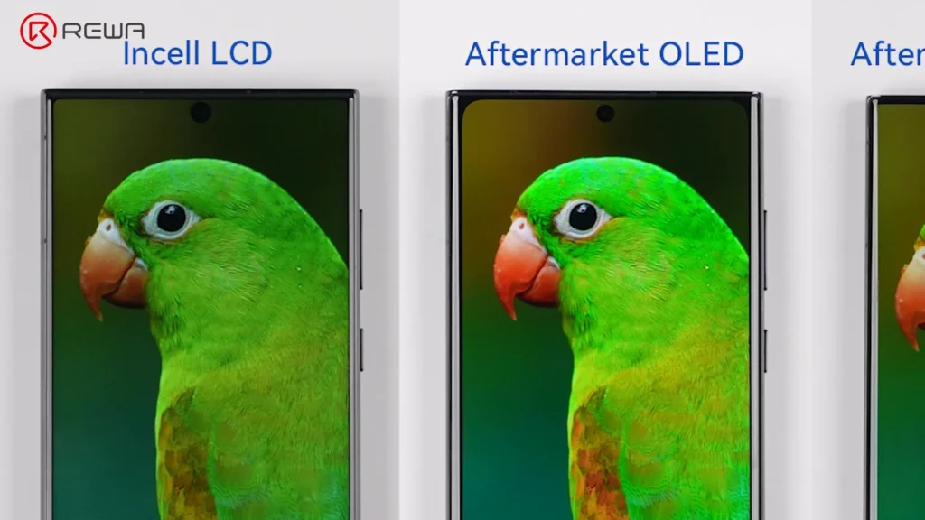 la evolución de las pantallas de repuesto Samsung: de LCD In-cell a OLED avanzados 1:1 Comparación de pantallas LCD Incell y OLED del mercado de repuestos, mostrando los biseles más delgados y los colores más vibrantes de la OLED