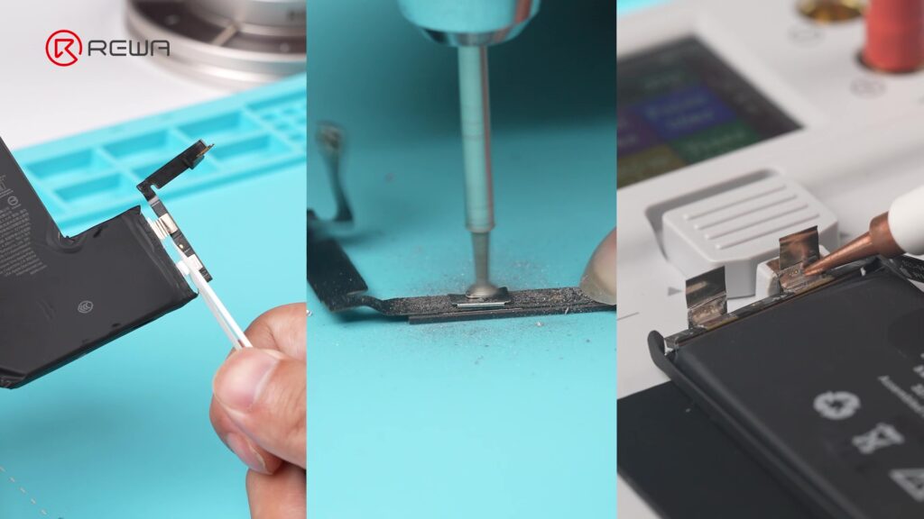 Una secuencia de tres paneles que muestra la preparación y la soldadura por puntos de una placa BMS en una nueva celda de batería