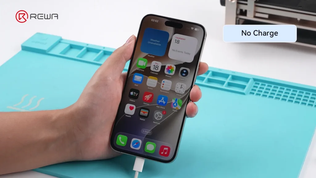 Ein iPhone, das an ein Ladekabel angeschlossen ist, zeigt eine "Keine Ladung"-Benachrichtigung auf dem Bildschirm an