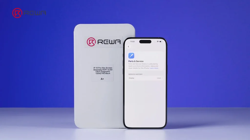 REWA iPhone 15 Pro Max Diagnostikbildschirm (Lösung für "unbekanntes Teil"-Nachricht) Verpackung und ein iPhone, das ein erkannten Bildschirm in der Service-Historie zeigt