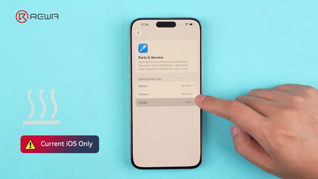 Pantalla de Piezas y servicio del iPhone que muestra las piezas reconocidas con una etiqueta de advertencia que dice Solo iOS actual