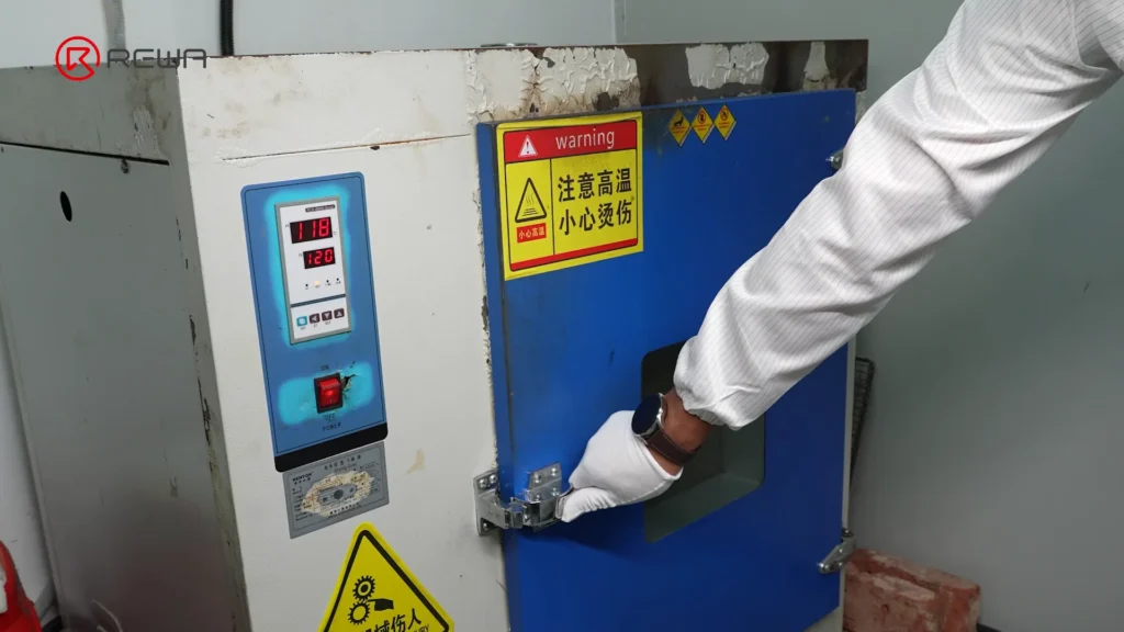 A gloved worker closing the door of an industrial drying oven used to cure underfill adhesive