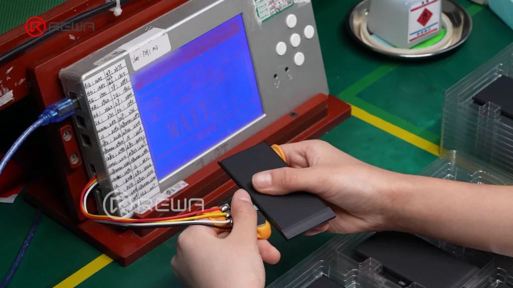 Technician connecting an assembled iPhone battery to a digital testing device to monitor voltage and internal resistance